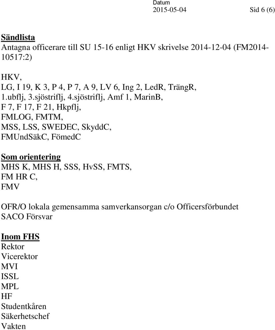 sjöstriflj, Amf 1, MarinB, F 7, F 17, F 21, Hkpflj, FMLOG, FMTM, MSS, LSS, SWEDEC, SkyddC, FMUndSäkC, FömedC Som orientering MHS
