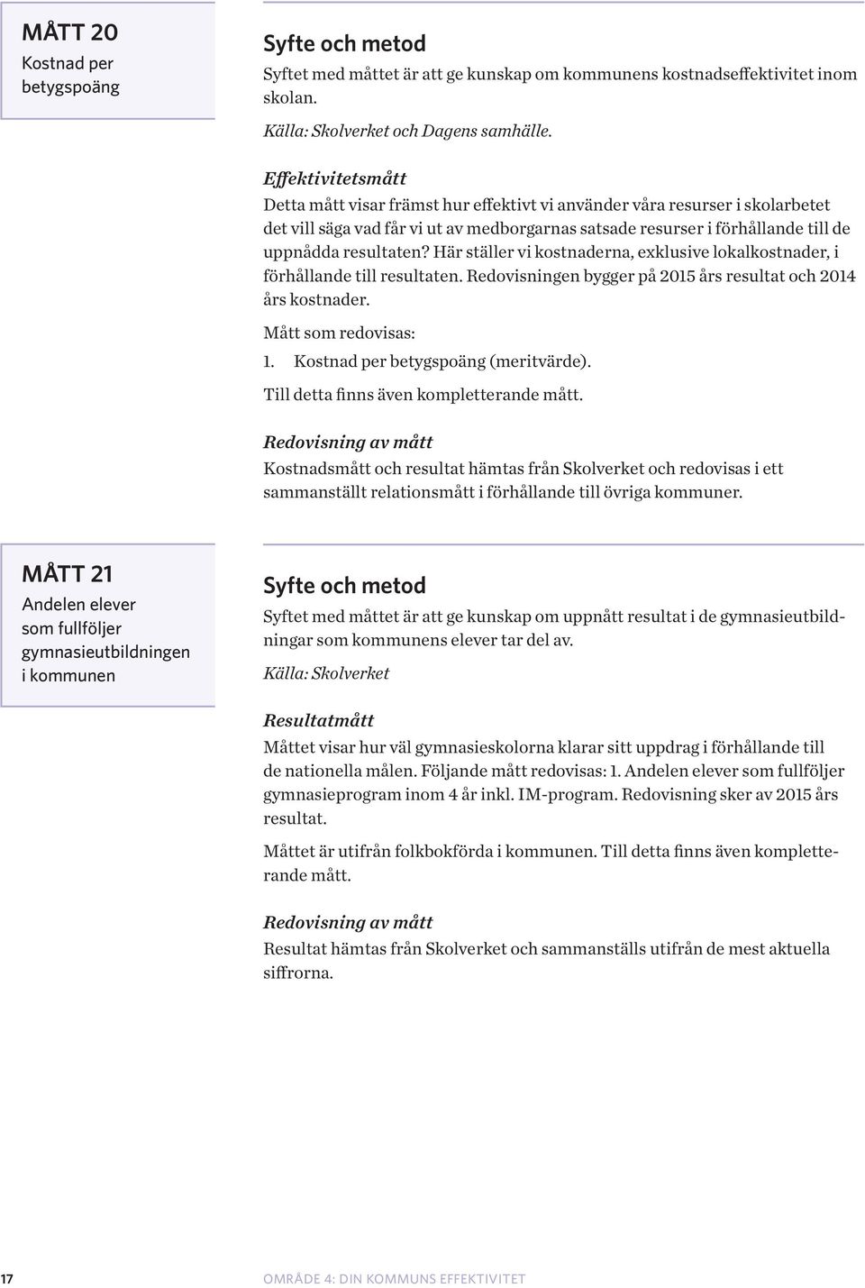 Här ställer vi kostnaderna, exklusive lokalkostnader, i förhållande till resultaten. Redovisningen bygger på 2015 års resultat och 2014 års kostnader. Mått som redovisas: 1.
