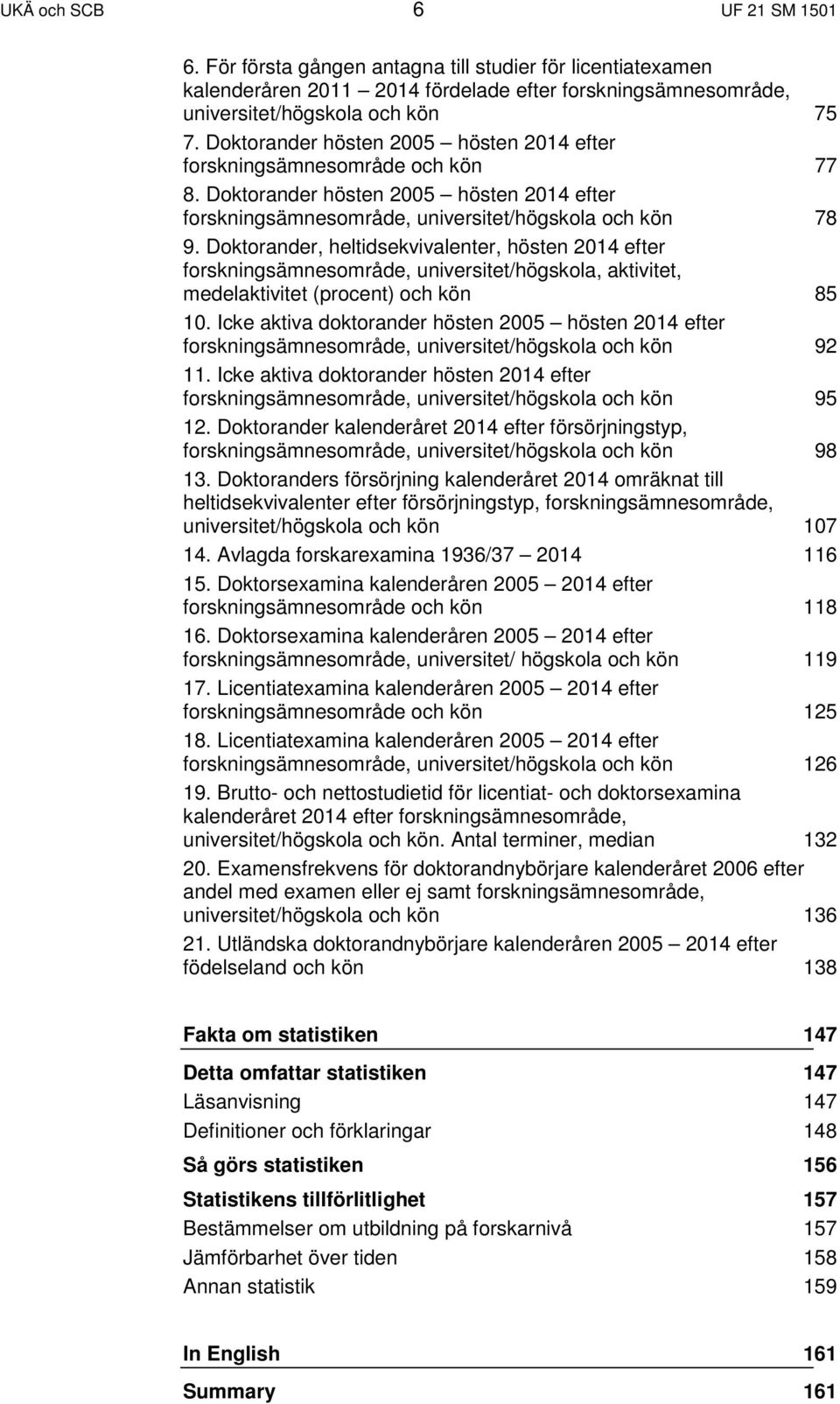 Doktorander, heltidsekvivalenter, hösten 2014 efter forskningsämnesområde, universitet/högskola, aktivitet, medelaktivitet (procent) och kön 85 10.