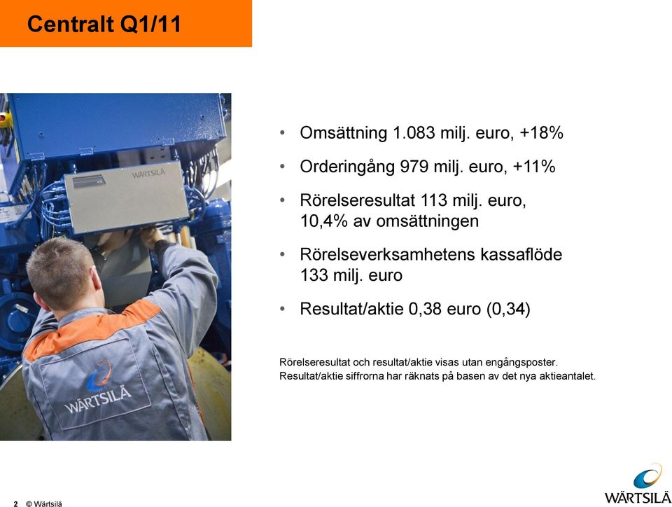 euro, 1,4% av omsättningen Rörelseverksamhetens kassaflöde 133 milj.