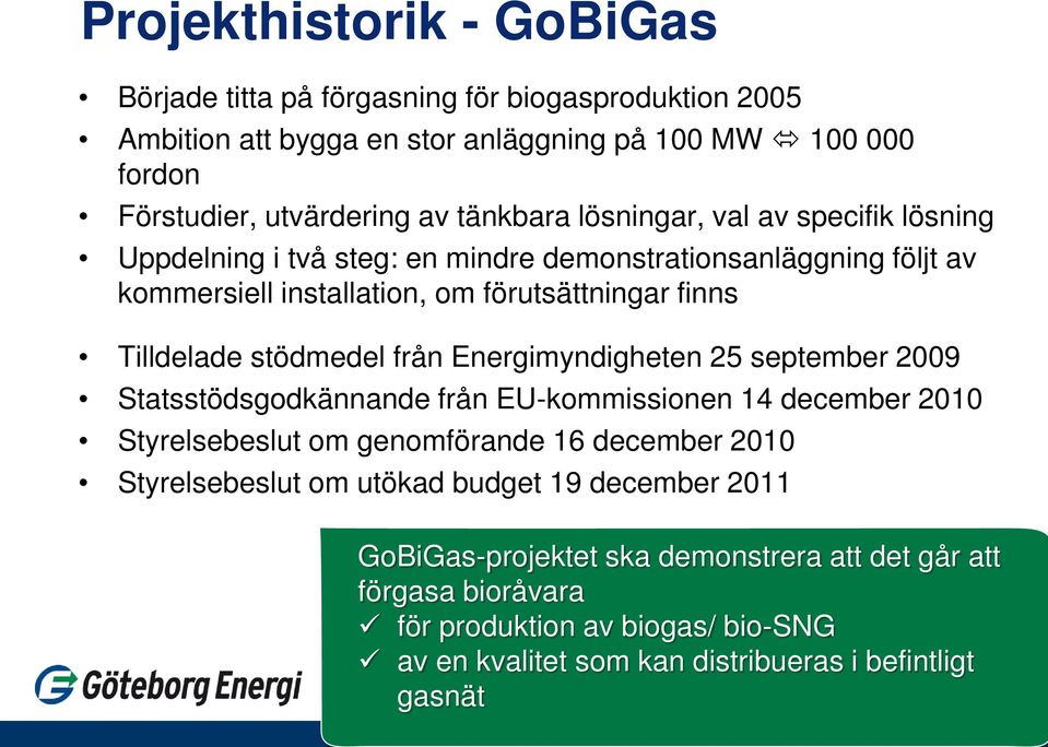 stödmedel från Energimyndigheten 25 september 2009 Statsstödsgodkännande från EU-kommissionen 14 december 2010 Styrelsebeslut om genomförande 16 december 2010 Styrelsebeslut om