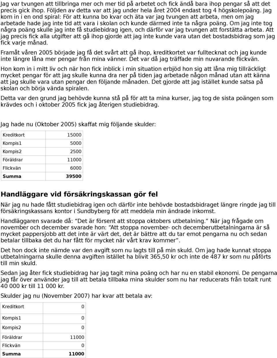 Om jag inte tog några poäng skulle jag inte få studiebidrag igen, och därför var jag tvungen att forstätta arbeta.
