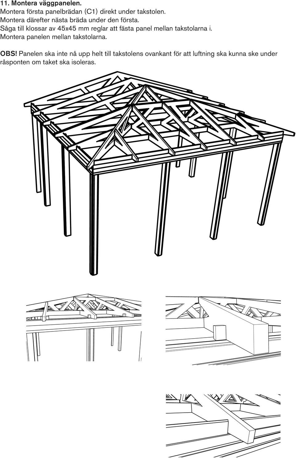 Såga till klossar av 45x45 mm reglar att fästa panel mellan takstolarna i.