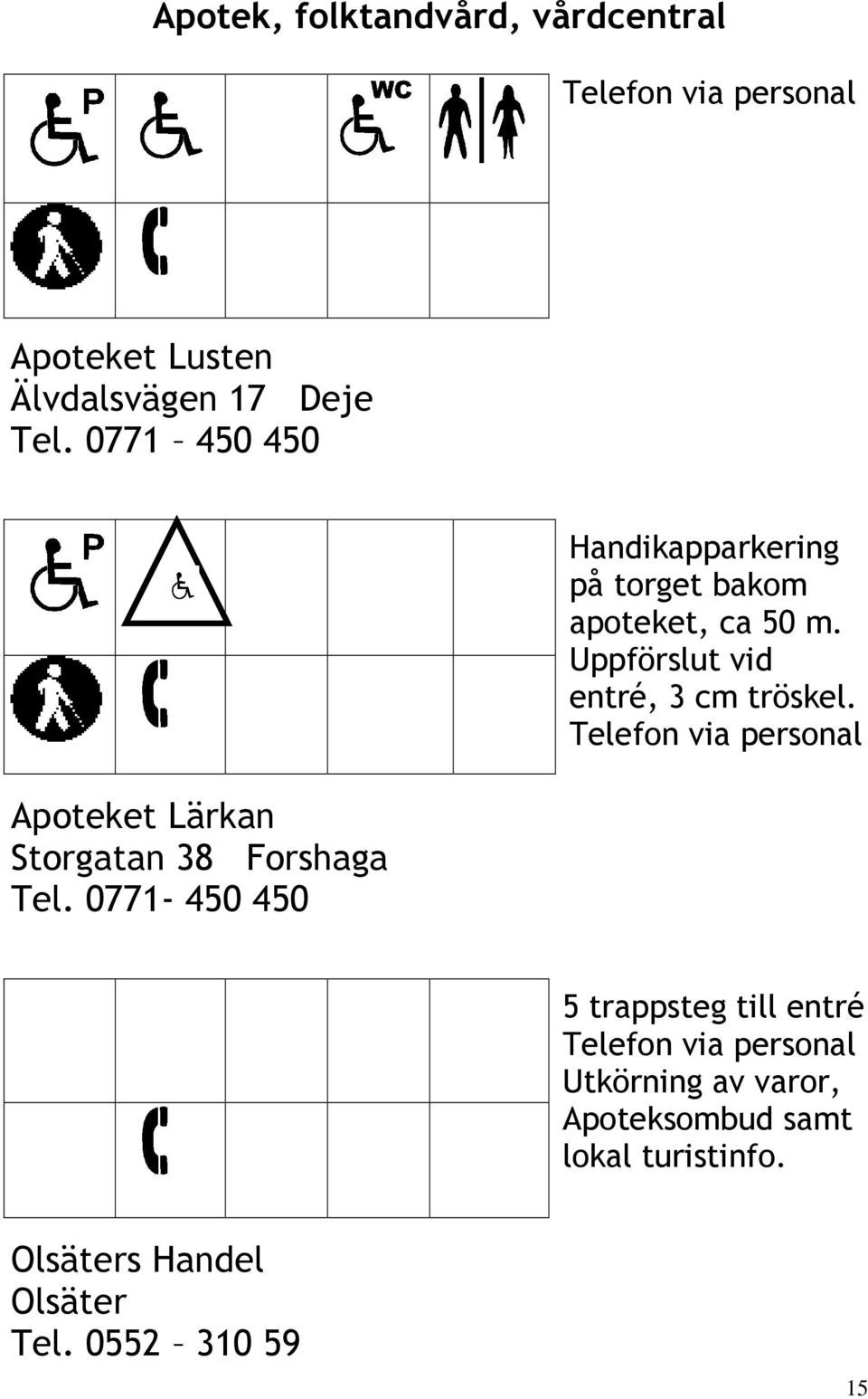 0771-450 450 Handikapparkering på torget bakom apoteket, ca 50 m.