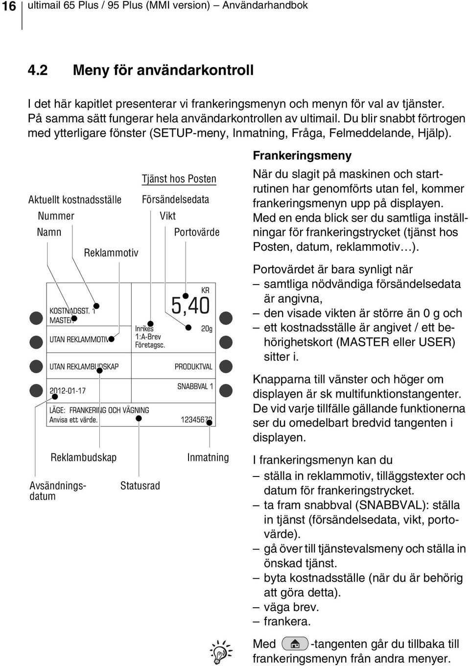 Aktuellt kostnadsställe Nummer Namn Avsändningsdatum Reklammotiv Försändelsedata Vikt Portovärde Statusrad Tjänst hos Posten Reklambudskap Inmatning Frankeringsmeny När du slagit på maskinen och