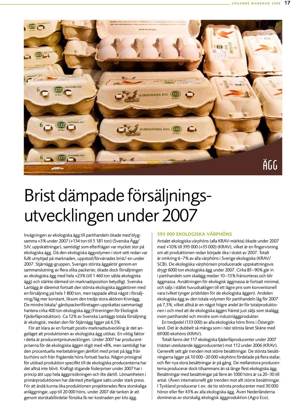 Då den ekologiska äggvolymen i stort sett redan var fullt utnyttjad på marknaden, uppstod/förvärrades brist/-en under 2007.
