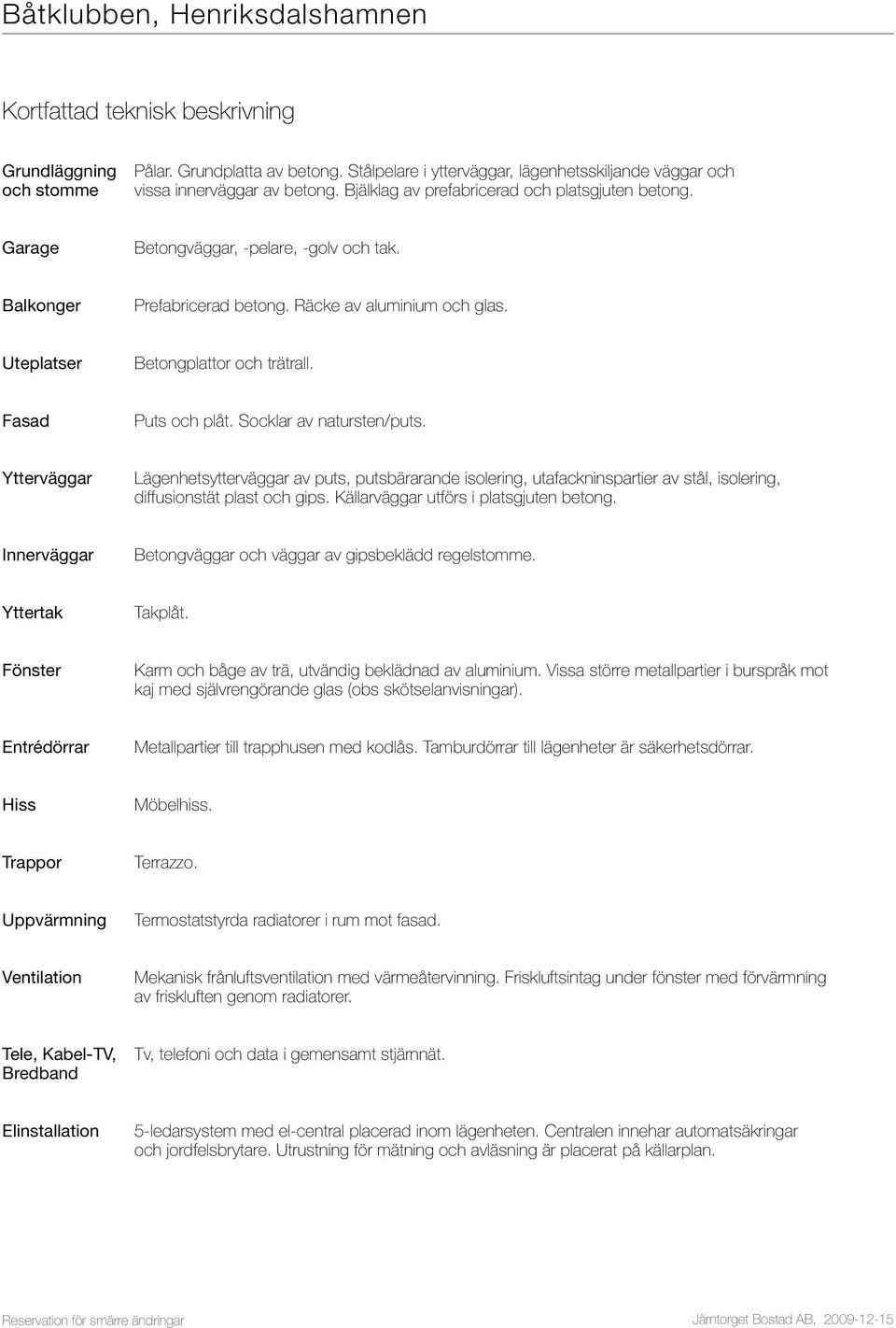 Fasad Puts och plåt. Socklar av natursten/puts. Ytterväggar Lägenhetsytterväggar av puts, putsbärarande isolering, utafackninspartier av stål, isolering, diffusionstät plast och gips.