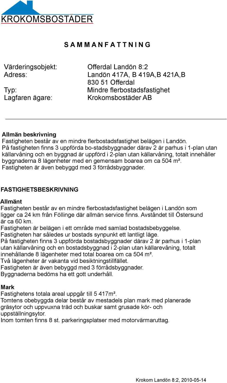 På fastigheten finns 3 uppförda bo-stadsbyggnader därav 2 är parhus i 1-plan utan källarvåning och en byggnad är uppförd i 2-plan utan källarvåning, totalt innehåller byggnaderna 8 lägenheter med en