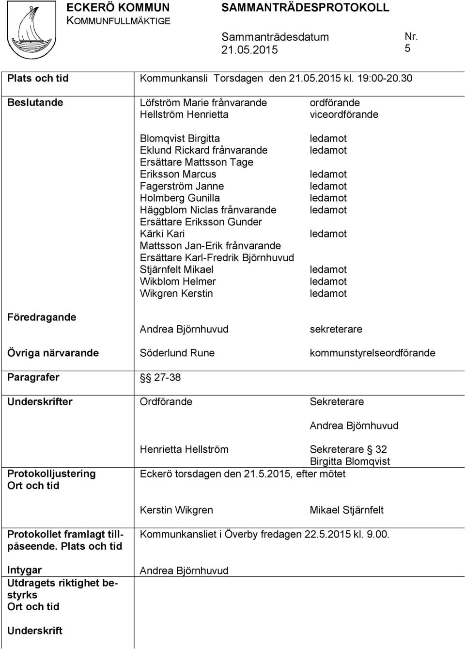 Häggblom Niclas frånvarande Ersättare Eriksson Gunder Kärki Kari Mattsson Jan-Erik frånvarande Ersättare Karl-Fredrik Björnhuvud Stjärnfelt Mikael Wikblom Helmer Wikgren Kerstin Andrea Björnhuvud