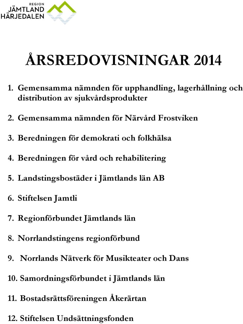 Landstingsbostäder i Jämtlands län AB 6. Stiftelsen Jamtli 7. Regionförbundet Jämtlands län 8. Norrlandstingens regionförbund 9.