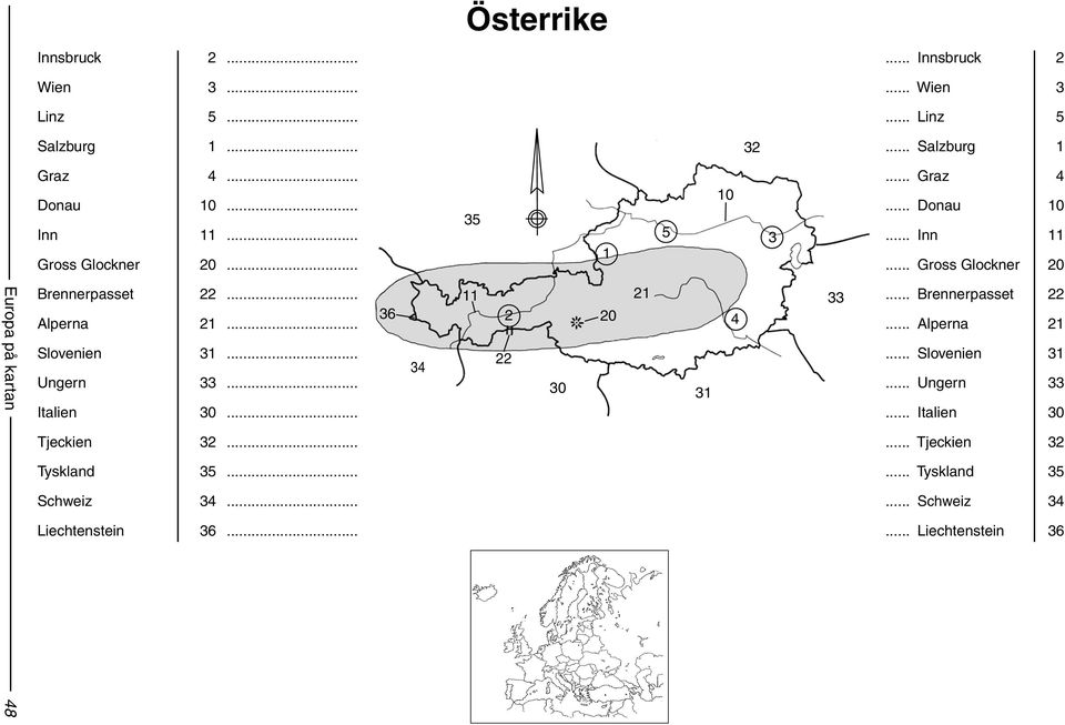 .. Slovenien 31... Ungern 33... Italien 30... 36 34 11 2 22 30 20 21 31 4 33... Brennerpasset 22... Alperna 21... Slovenien 31... Ungern 33... Italien 30 Tjeckien 32.