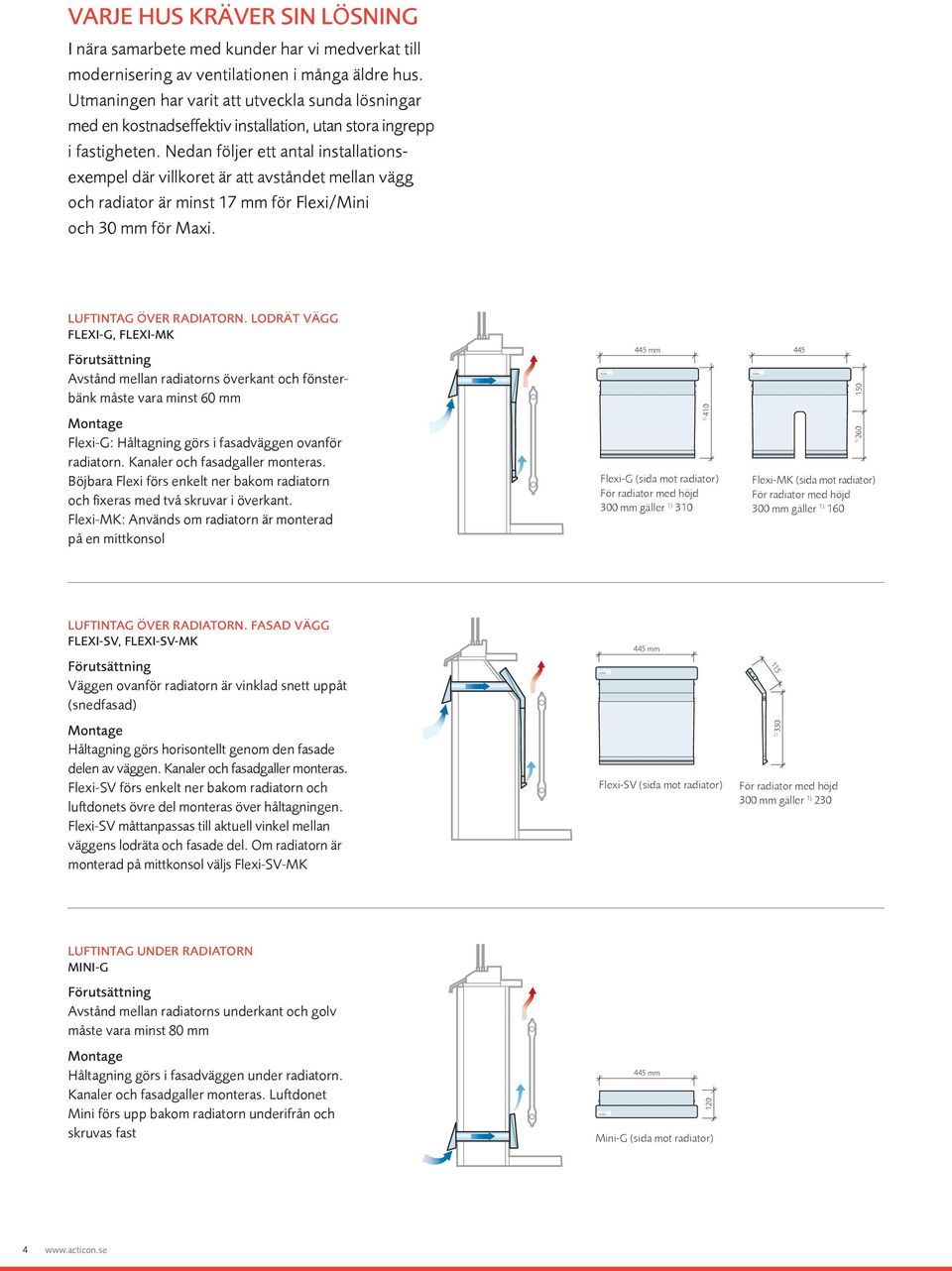 Nedan följer ett antal installationsexempel där villkoret är att avståndet mellan vägg och radiator är minst 17 mm för Flexi/Mini och 30 mm för Maxi. luftintag över radiatorn.