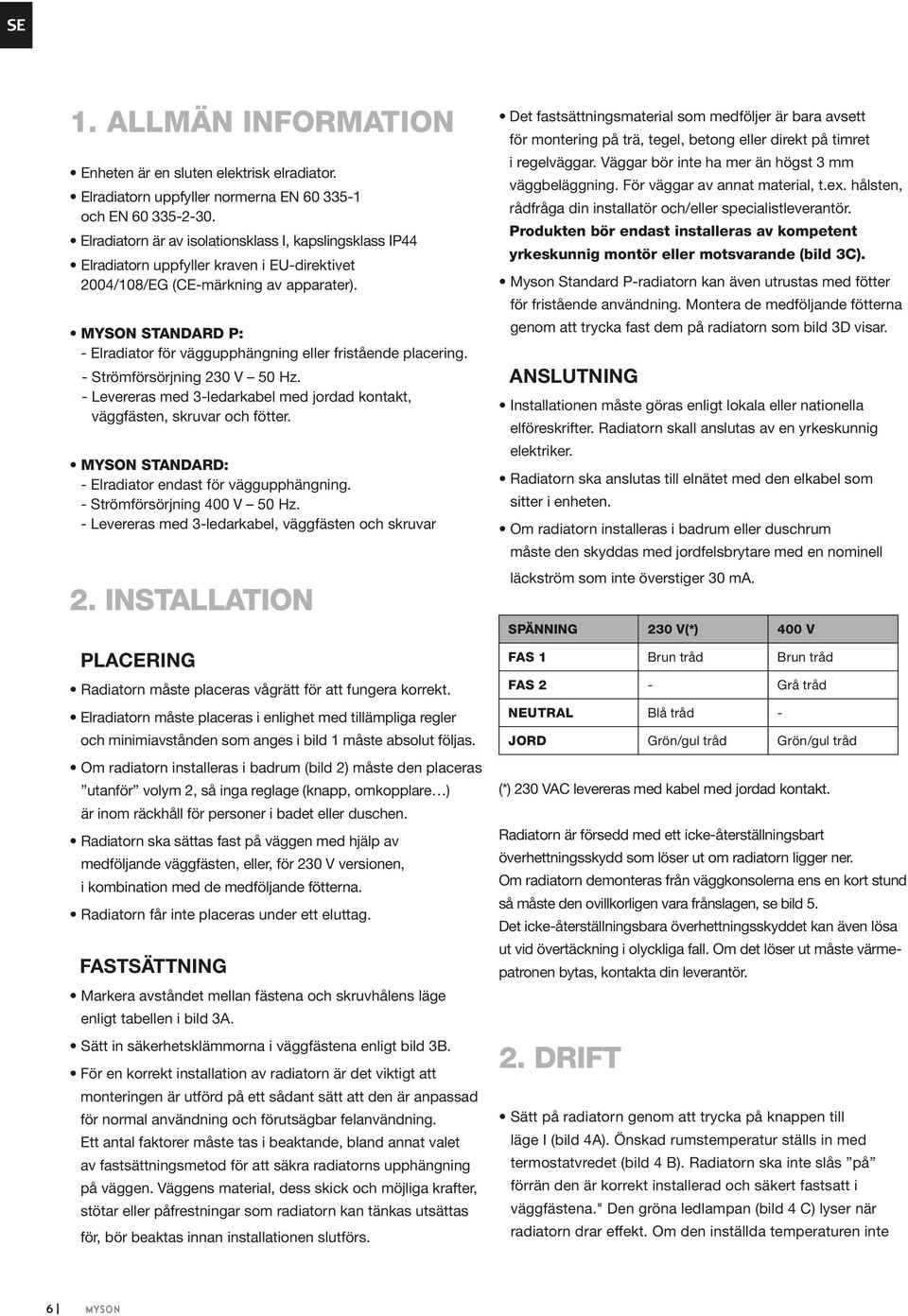 MYSON STANDARD P: - Elradiator för väggupphängning eller fristående placering. - Strömförsörjning 230 V 50 Hz. - Levereras med 3-ledarkabel med jordad kontakt, väggfästen, skruvar och fötter.