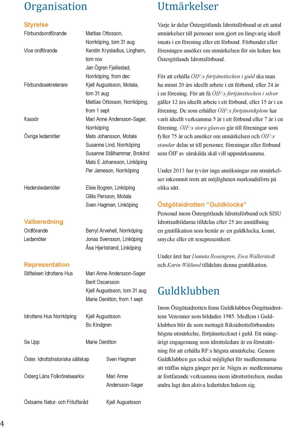Stålhammar, Brokind Mats E Johansson, Linköping Per Jameson, Norrköping Hedersledamöter Elsie Bogren, Linköping Gillis Persson, Motala Sven Hagman, Linköping Valberedning Ordförande Berryl Arvehell,