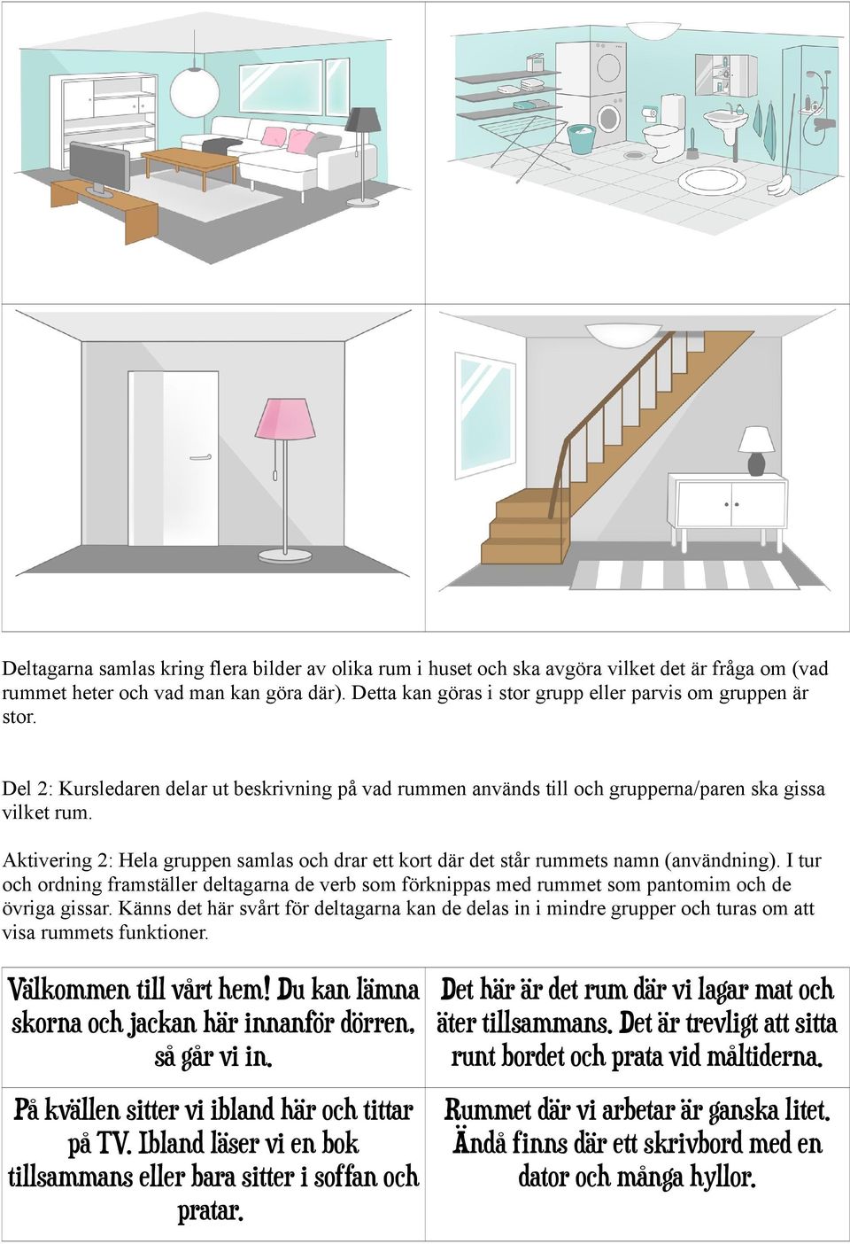 Aktivering 2: Hela gruppen samlas och drar ett kort där det står rummets namn (användning).