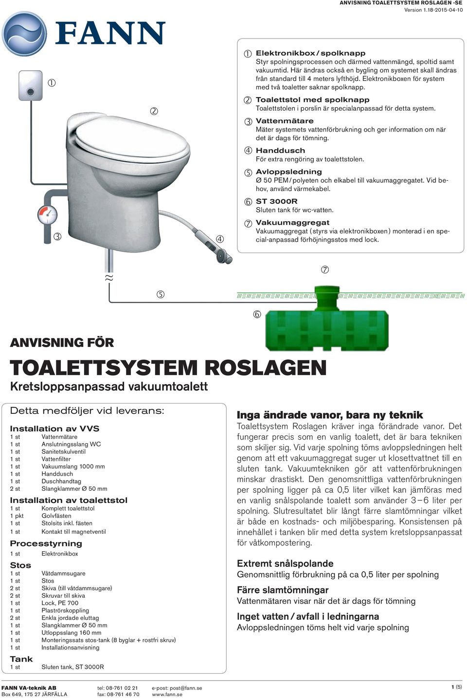 Toalettstol med spolknapp Toalettstolen i porslin är specialanpassad för detta system. Vattenmätare Mäter systemets vattenförbrukning och ger information om när det är dags för tömning.