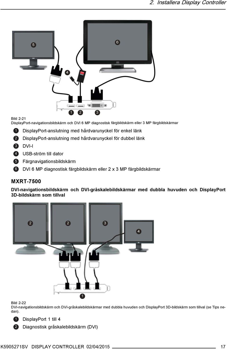 färgbildskärmar MXRT-7500 DVI-navigationsbildskärm och DVI-gråskalebildskärmar med dubbla huvuden och DisplayPort 3D-bildskärm som tillval Bild 2-22 DVI-navigationsbildskärm och
