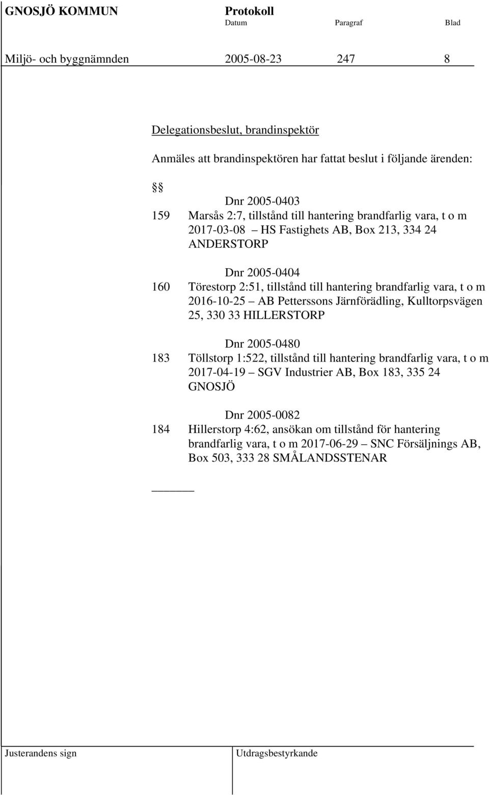 2016-10-25 AB Petterssons Järnförädling, Kulltorpsvägen 25, 330 33 HILLERSTORP Dnr 2005-0480 183 Töllstorp 1:522, tillstånd till hantering brandfarlig vara, t o m 2017-04-19 SGV