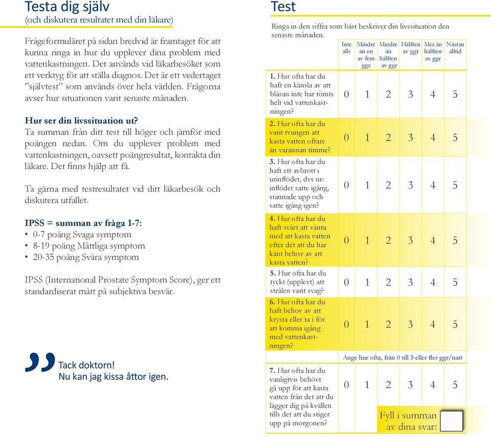 Hur ser din livssituation ut? Ta summan från ditt test till höger och jämför med poängen nedan. Om du upplever problem med vattenkastningen, oavsett poängresultat, kontakta din läkare.