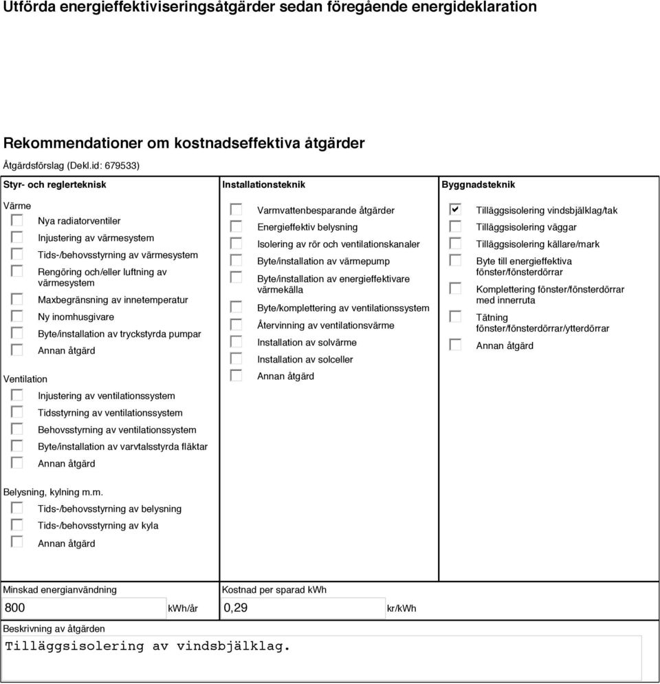innetemperatur Ny inomhusgivare Byte/installation av tryckstyrda pumpar Injustering av ventilationssystem Tidsstyrning av ventilationssystem Behovsstyrning av ventilationssystem Byte/installation av