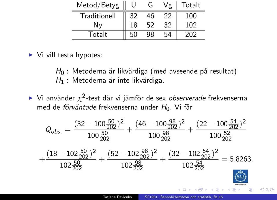 Vi använder χ 2 -test där vi jämför de sex observerade frekvenserna med de förväntade frekvenserna under H 0. Vi får Q obs.