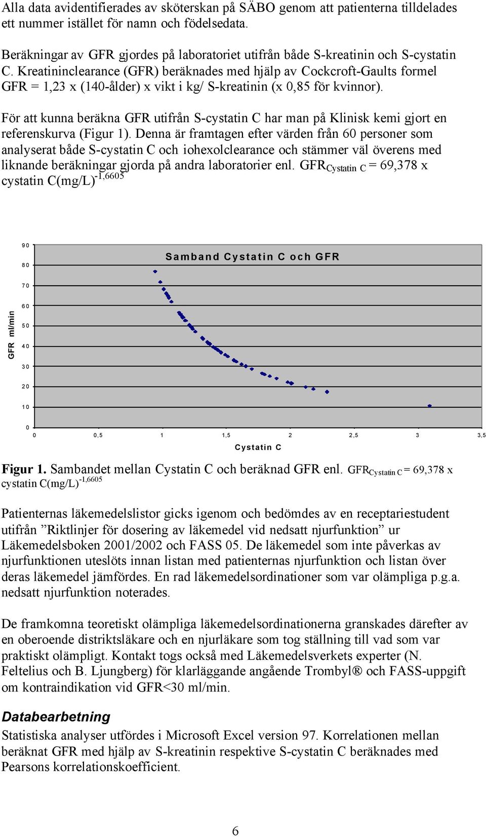 Kreatininclearance (GFR) beräknades med hjälp av Cockcroft-Gaults formel GFR = 1,23 x (140-ålder) x vikt i kg/ S-kreatinin (x 0,85 för kvinnor).