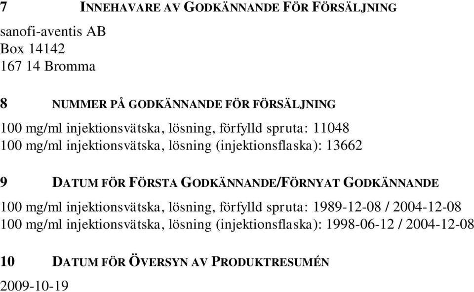 DATUM FÖR FÖRSTA GODKÄNNANDE/FÖRNYAT GODKÄNNANDE 100 mg/ml injektionsvätska, lösning, förfylld spruta: 1989-12-08 / 2004-12-08