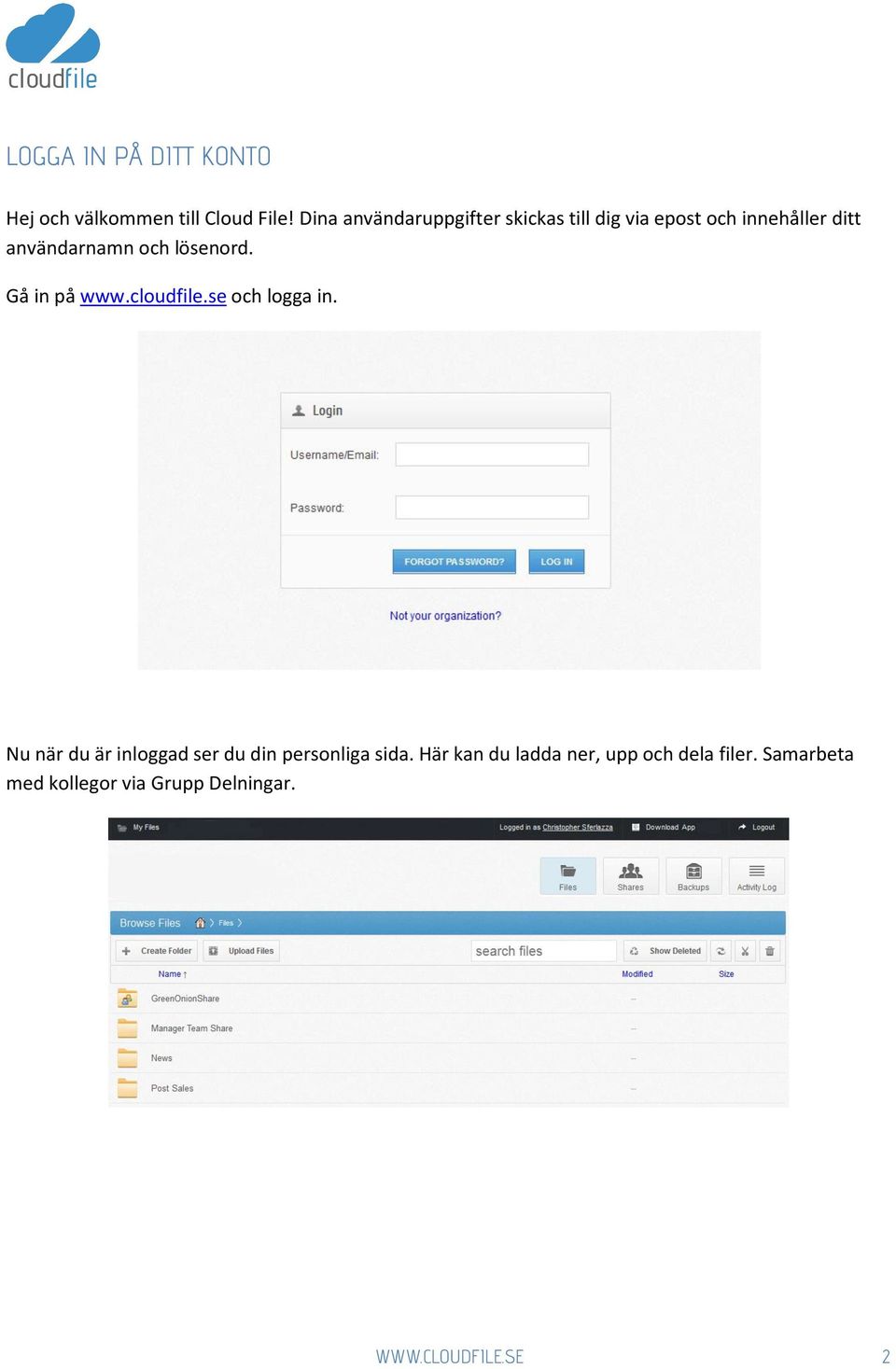 lösenord. Gå in på www.cloudfile.se och logga in.