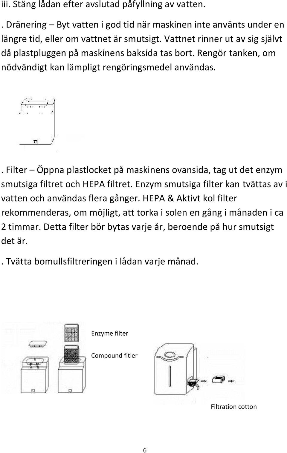 . Filter Öppna plastlocket på maskinens ovansida, tag ut det enzym smutsiga filtret och HEPA filtret. Enzym smutsiga filter kan tvättas av i vatten och användas flera gånger.