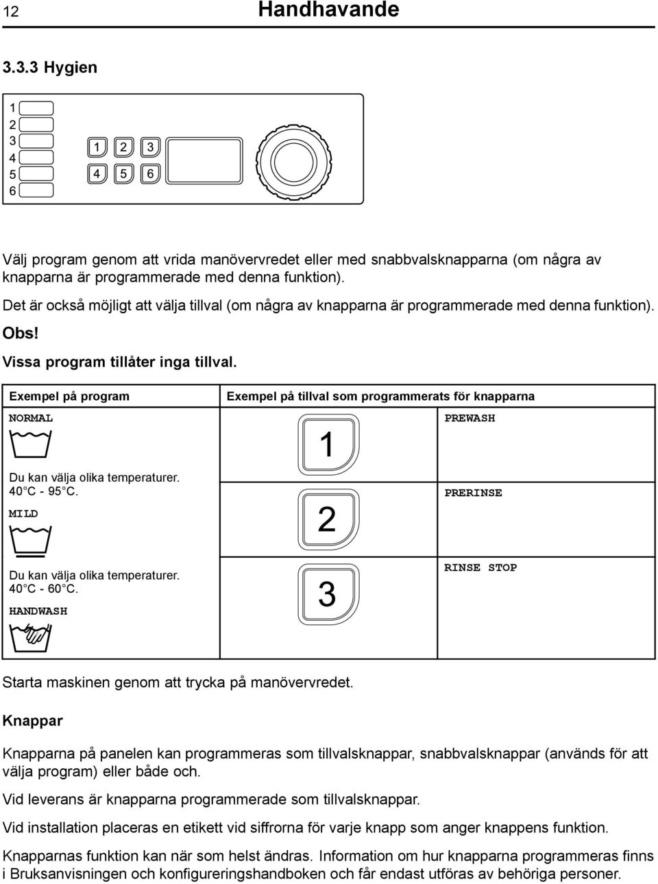 40 C - 95 C. MILD Exempel på tillval som programmerats för knapparna 2 Du kan välja olika temperaturer. 40 C - 60 C.