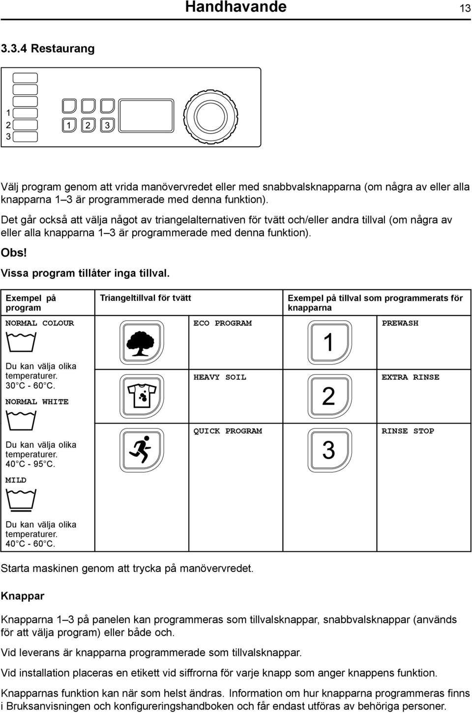 Vissa program tillåter inga tillval. Exempel på program NORMAL COLOUR Du kan välja olika temperaturer. 30 C - 60 C. NORMAL WHITE Du kan välja olika temperaturer. 40 C - 95 C.