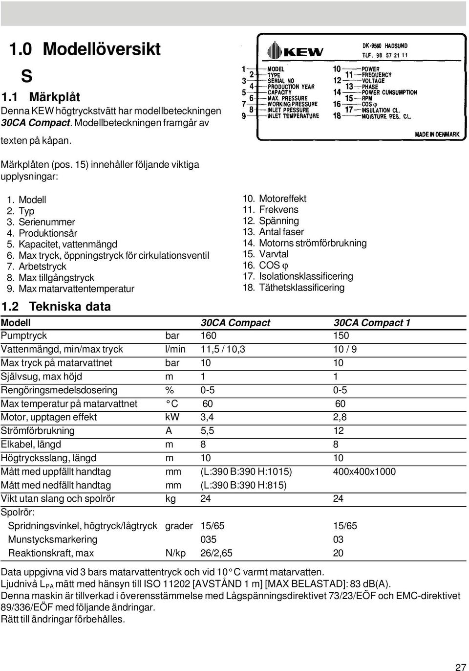 Max tillgångstryck 9. Max matarvattentemperatur 1.2 Tekniska data 10. Motoreffekt 11. Frekvens 12. pänning 13. Antal faser 14. Motorns strömförbrukning 15. Varvtal 16. CO ϕ 17.