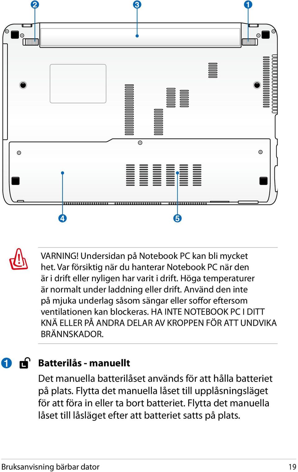 HA INTE NOTEBOOK PC I DITT KNÄ ELLER PÅ ANDRA DELAR AV KROPPEN FÖR ATT UNDVIKA BRÄNNSKADOR.