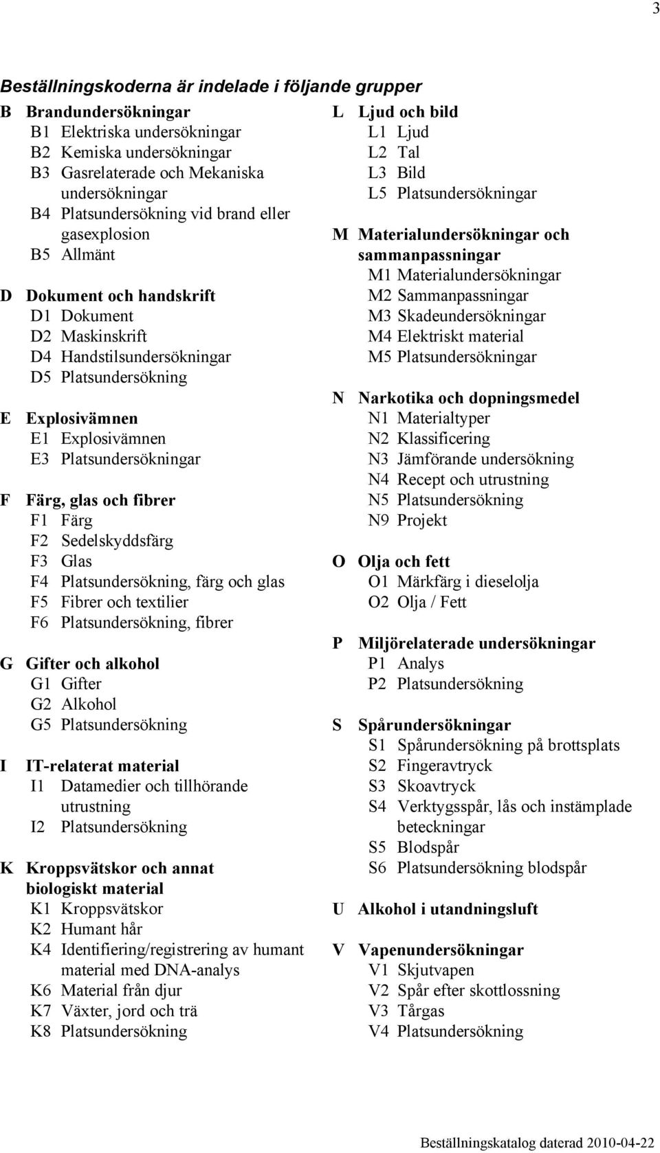 Platsundersökningar Färg, glas och fibrer F1 Färg F2 Sedelskyddsfärg F3 Glas F4 Platsundersökning, färg och glas F5 Fibrer och textilier F6 Platsundersökning, fibrer G Gifter och alkohol G1 Gifter G2