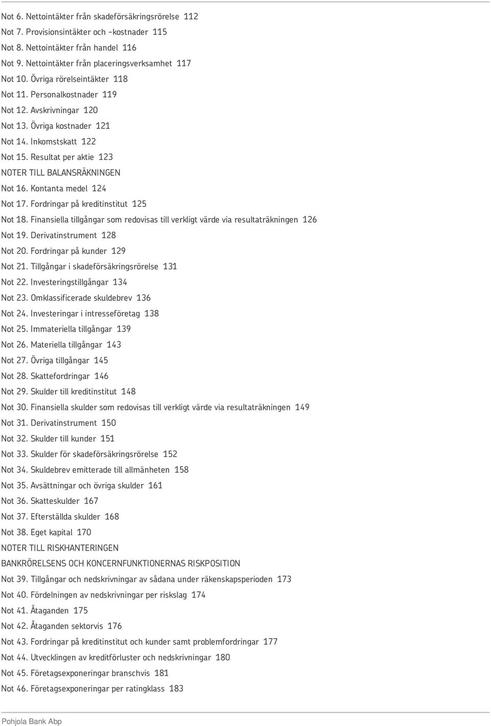 Resultat per aktie 123 NOTER TILL BALANSRÄKNINGEN Not 16. Kontanta medel 124 Not 17. Fordringar på kreditinstitut 125 Not 18.