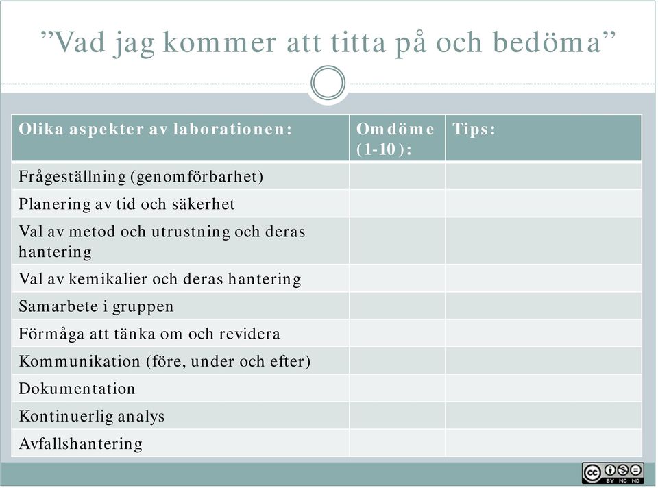 Val av kemikalier och deras hantering Samarbete i gruppen Förmåga att tänka om och revidera