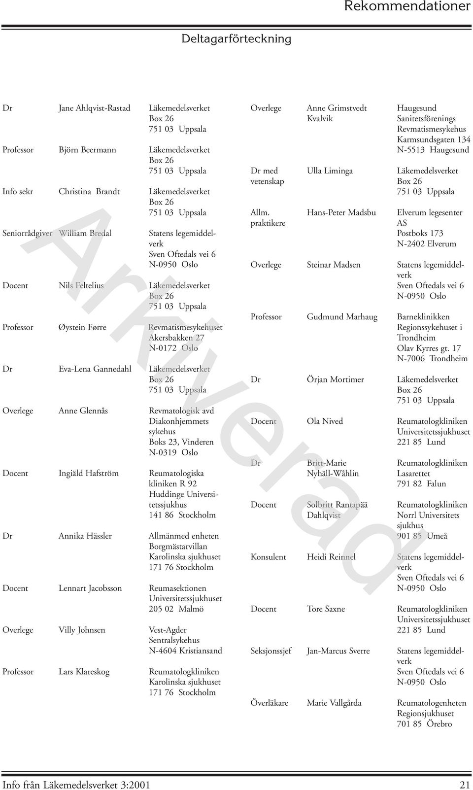 Glennås Revmatologisk avd Diakonhjemmets sykehus Boks 23, Vinderen N-0319 Oslo Docent Ingiäld Hafström Reumatologiska kliniken R 92 Huddinge Universitetssjukhus 141 86 Stockholm Dr Annika Hässler