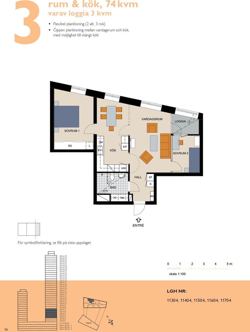 plats för två Balkong mot rum & kök, 7 m² varav loggia m² Flexibel planlösning ( alt.