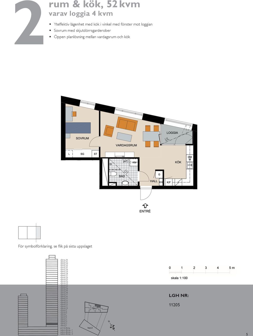 mot rum & kök, 5 m² varav loggia m² Yteffektiv lägenhet med kök i vinkel med fönster mot loggian Sovrum med skjutdörrsgarderober Öppen planlösning mellan vardagsrum och