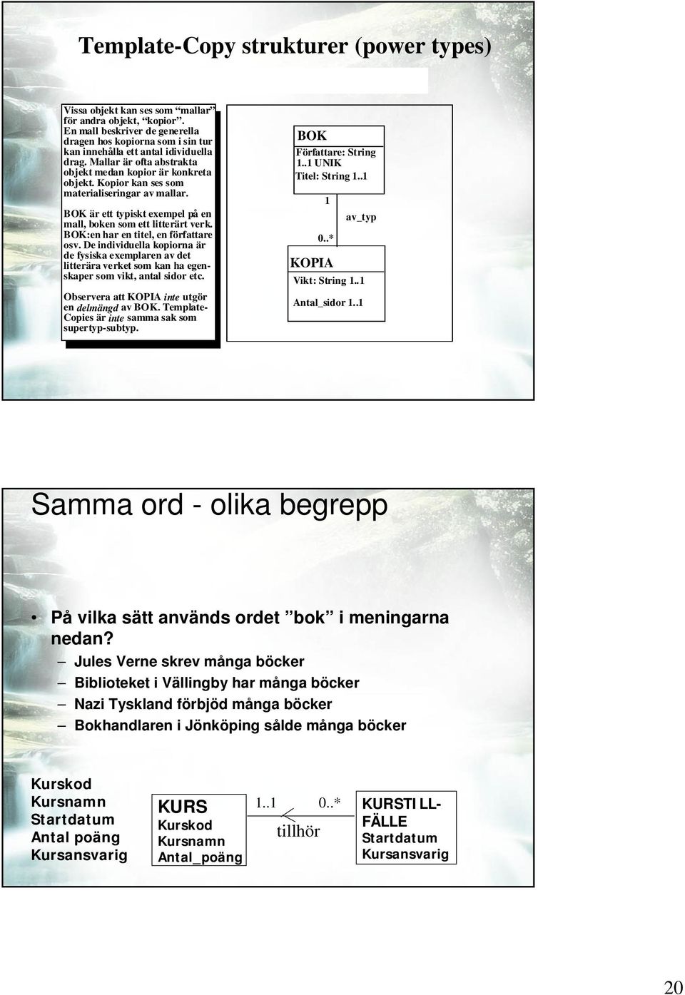 Kopior kan ses som materialiseringar av mallar. BOK är ett typiskt exempel på en mall, boken som ett litterärt verk. BOK:en har en titel, en författare osv.