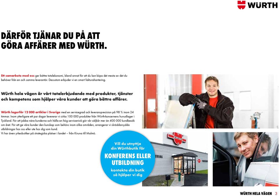 Würth lagerför 12 000 artiklar i Sverige med en servicegrad och leveransprecision på 98 % inom 24 timmar.