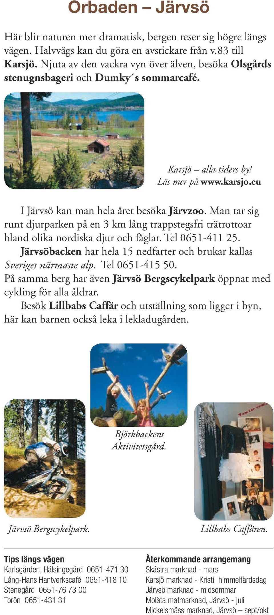 Man tar sig runt djurparken på en 3 km lång trappstegsfri trätrottoar bland olika nordiska djur och fåglar. Tel 0651-411 25. Järvsöbacken har hela 15 nedfarter och brukar kallas Sveriges närmaste alp.