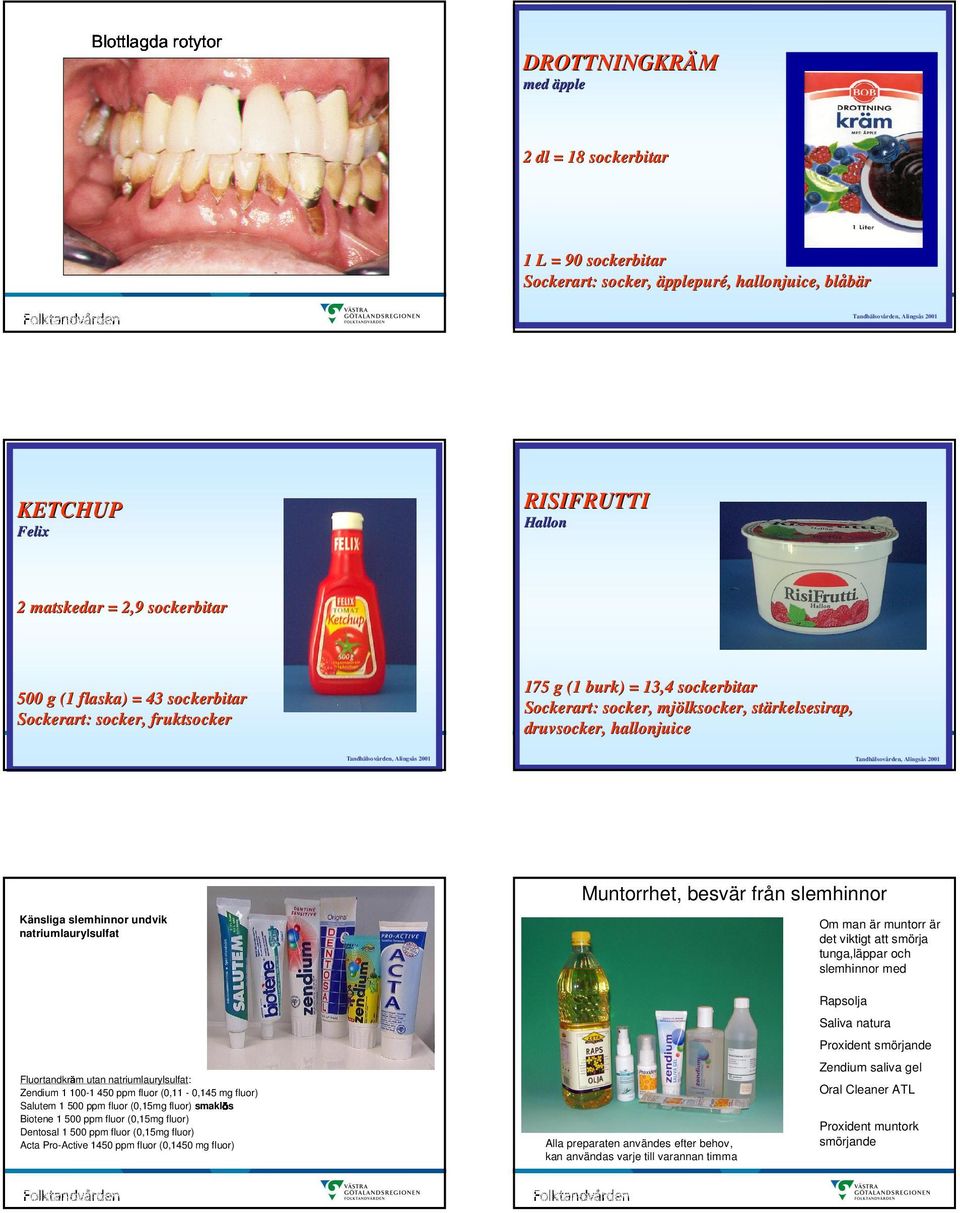 hallonjuice Tandhälsovården, Alingsås 2001 Tandhälsovården, Alingsås 2001 Känsliga slemhinnor undvik natriumlaurylsulfat Muntorrhet, besvär från slemhinnor Om man är muntorr är det viktigt att smörja