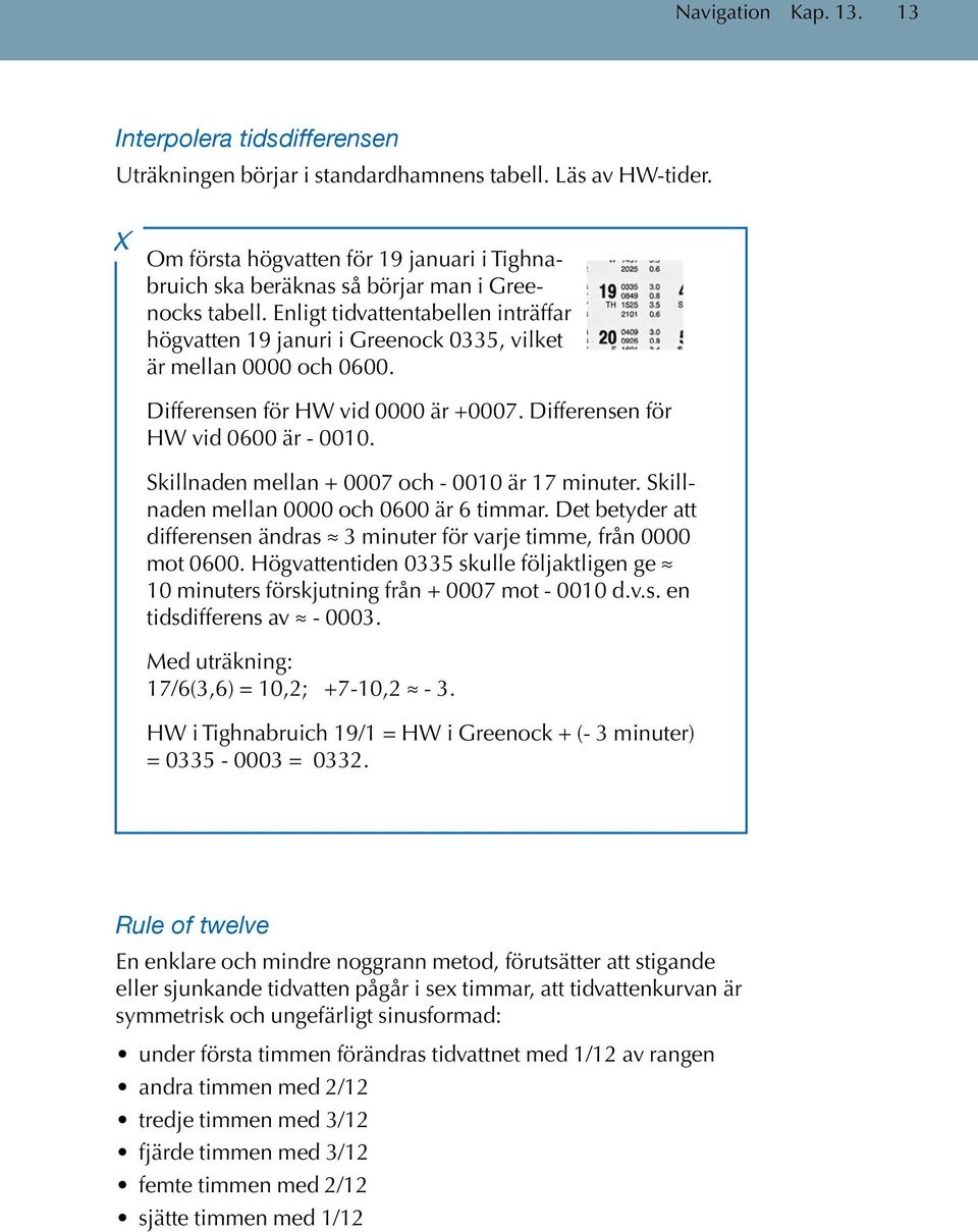 Enligt tidvattentabellen inträffar högvatten 19 januri i Greenock 0335, vilket är mellan 0000 och 0600. Differensen för HW vid 0000 är +0007. Differensen för HW vid 0600 är - 0010.