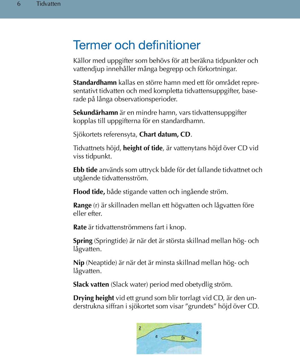 Sekundärhamn är en mindre hamn, vars tidvattensuppgifter kopplas till uppgifterna för en standardhamn. Sjökortets referensyta, Chart datum, CD.
