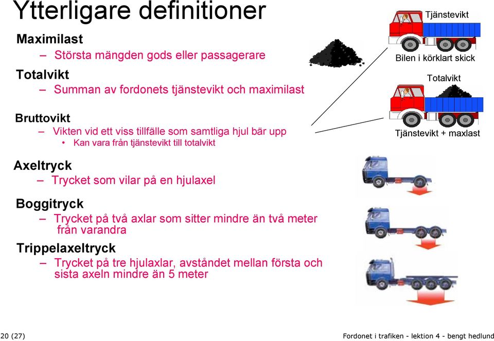 körklart skick Totalvikt Tjänstevikt + maxlast Axeltryck Trycket som vilar på en hjulaxel Boggitryck Trycket på två axlar som sitter