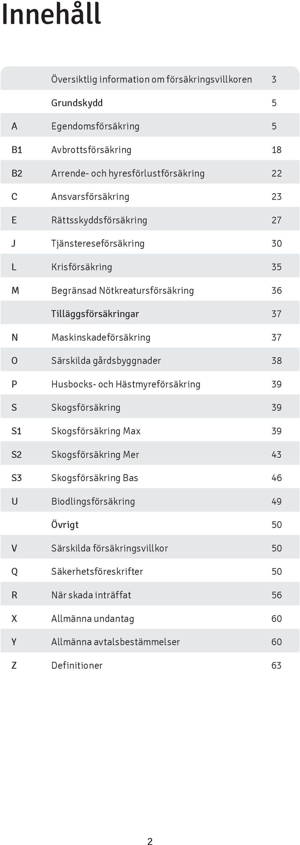 Maskinskadeförsäkring 37 O Särskilda gårdsbyggnader 38 P Husbocks- och Hästmyreförsäkring 39 S Skogsförsäkring 39 S1 Skogsförsäkring Max 39 S2 Skogsförsäkring Mer 43 S3