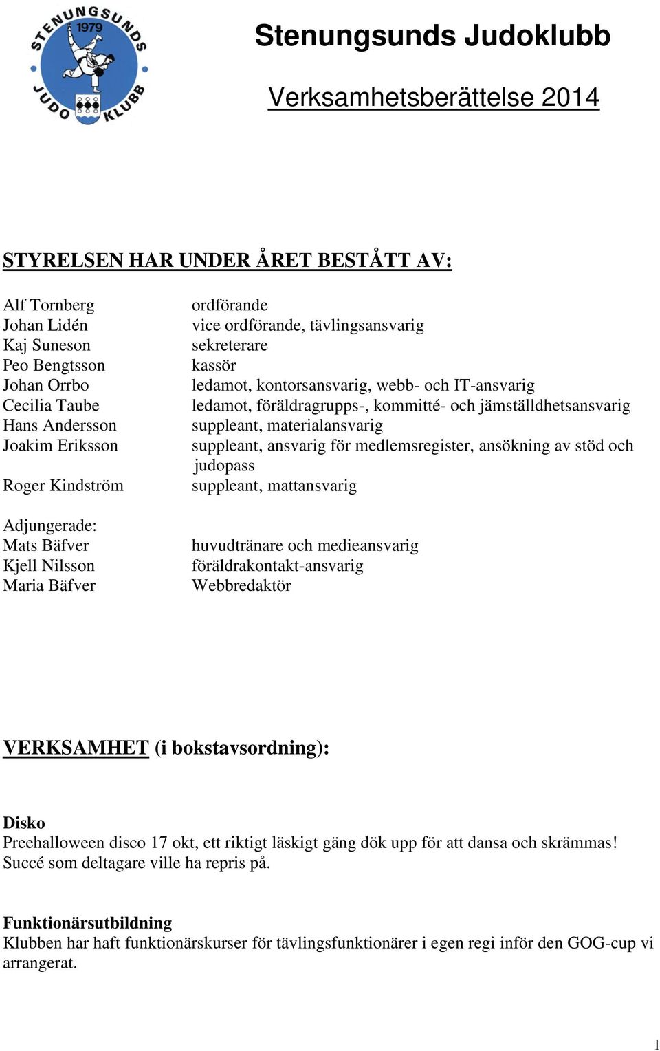 föräldragrupps-, kommitté- och jämställdhetsansvarig suppleant, materialansvarig suppleant, ansvarig för medlemsregister, ansökning av stöd och judopass suppleant, mattansvarig huvudtränare och