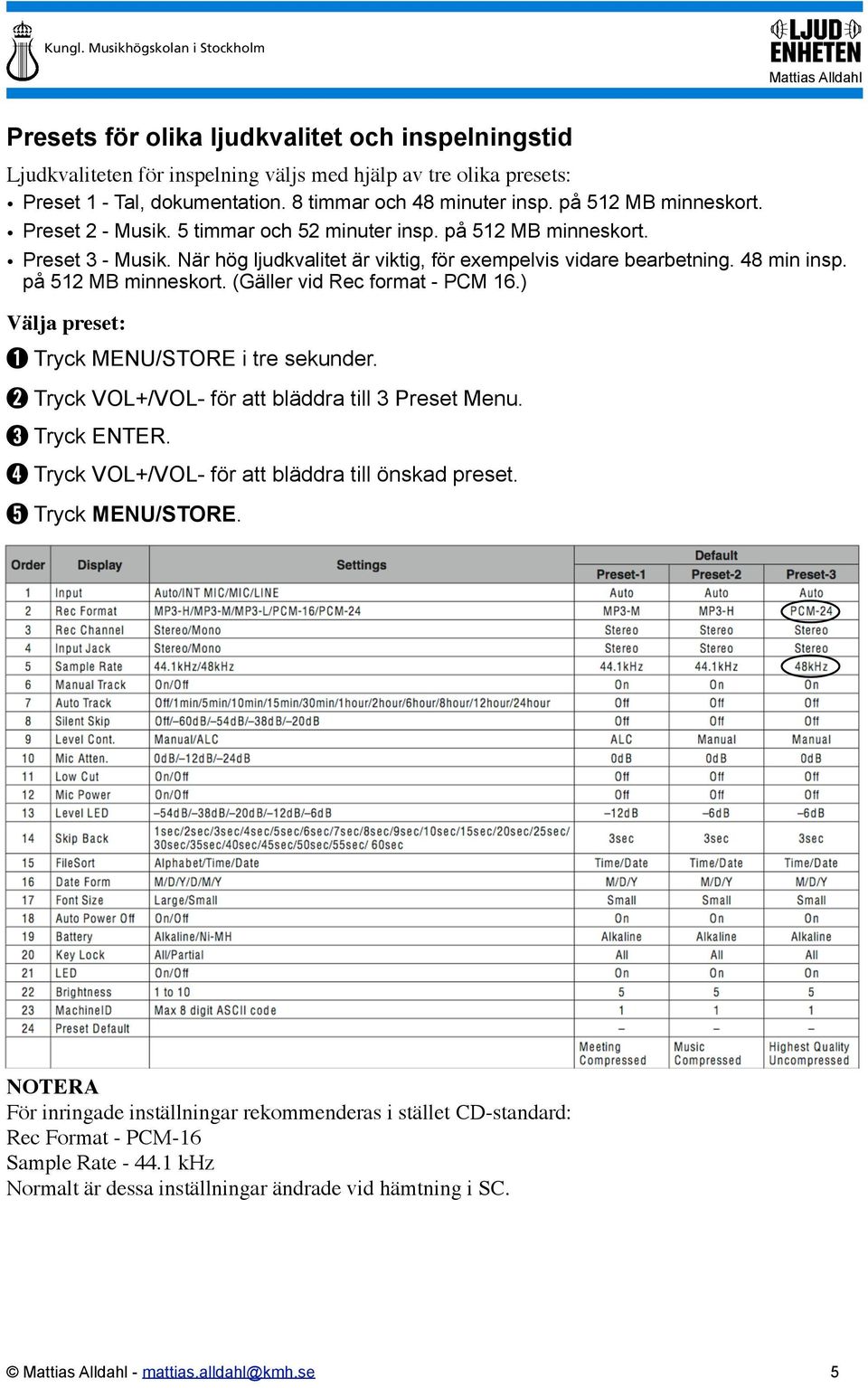 på 512 MB minneskort. (Gäller vid Rec format - PCM 16.) Välja preset: Tryck VOL+/VOL- för att bläddra till 3 Preset Menu. Tryck VOL+/VOL- för att bläddra till önskad preset.