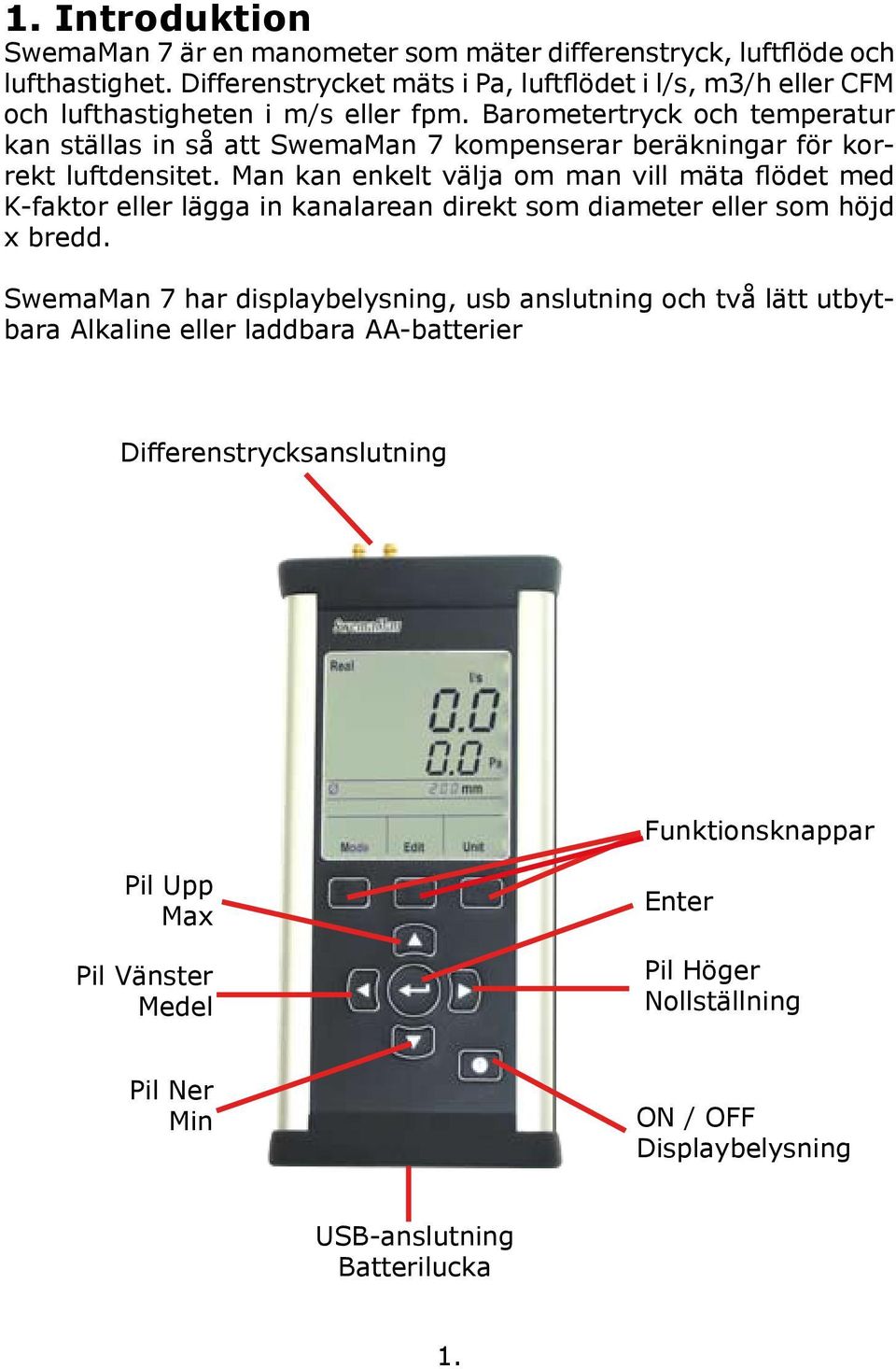 Barometertryck och temperatur kan ställas in så att SwemaMan 7 kompenserar beräkningar för korrekt luftdensitet.